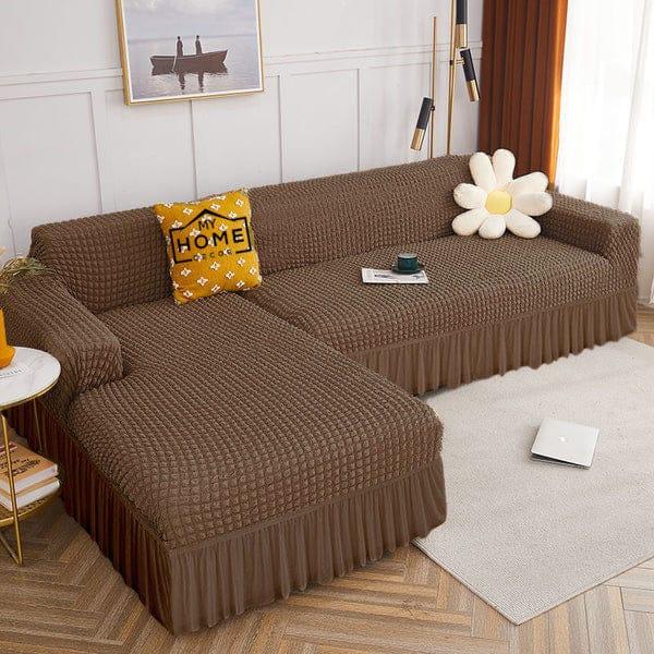 L-Shape Bubble Jacquard Sofa Cover featuring luxurious bubble texture, ruffle skirt hem, and 4-way stretch Lycra cotton blend for a snug, wrinkle-free fit. Machine washable, perfect for modern sofas.