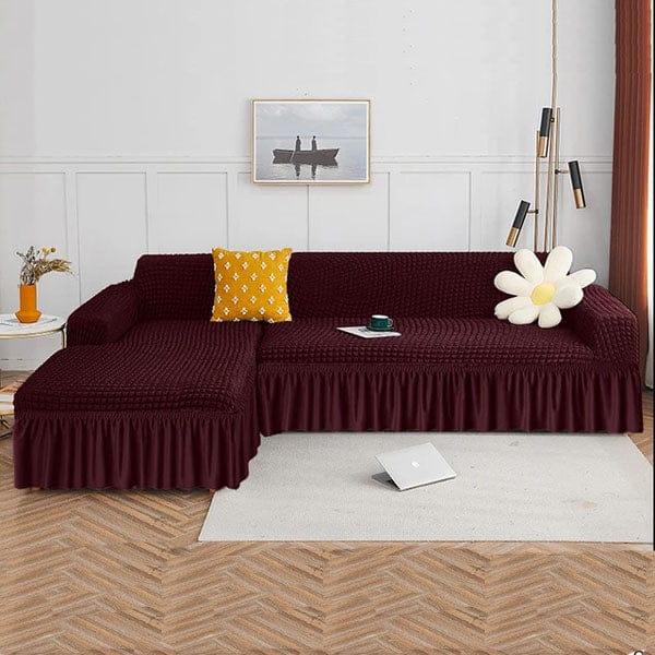 L-Shape Bubble Jacquard Sofa Cover featuring luxurious bubble texture, ruffle skirt hem, and 4-way stretch Lycra cotton blend for a snug, wrinkle-free fit. Machine washable, perfect for modern sofas