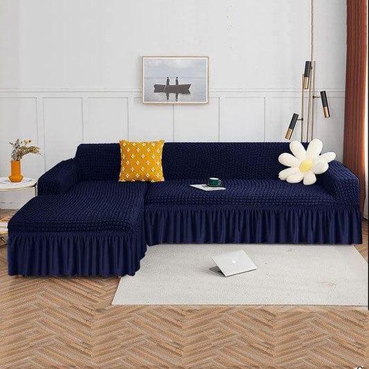 L-Shape Bubble Jacquard Sofa Cover featuring luxurious bubble texture, ruffle skirt hem, and 4-way stretch Lycra cotton blend for a snug, wrinkle-free fit. Machine washable, perfect for modern sofas.