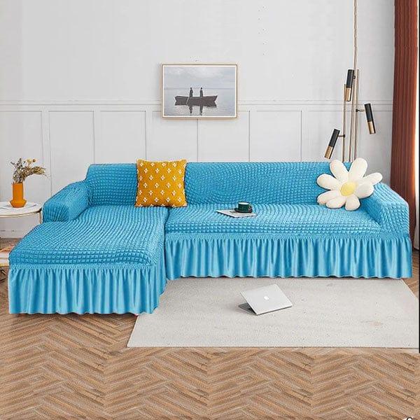 L-Shape Bubble Jacquard Sofa Cover featuring luxurious bubble texture, ruffle skirt hem, and 4-way stretch Lycra cotton blend for a snug, wrinkle-free fit. Machine washable, perfect for modern sofas.