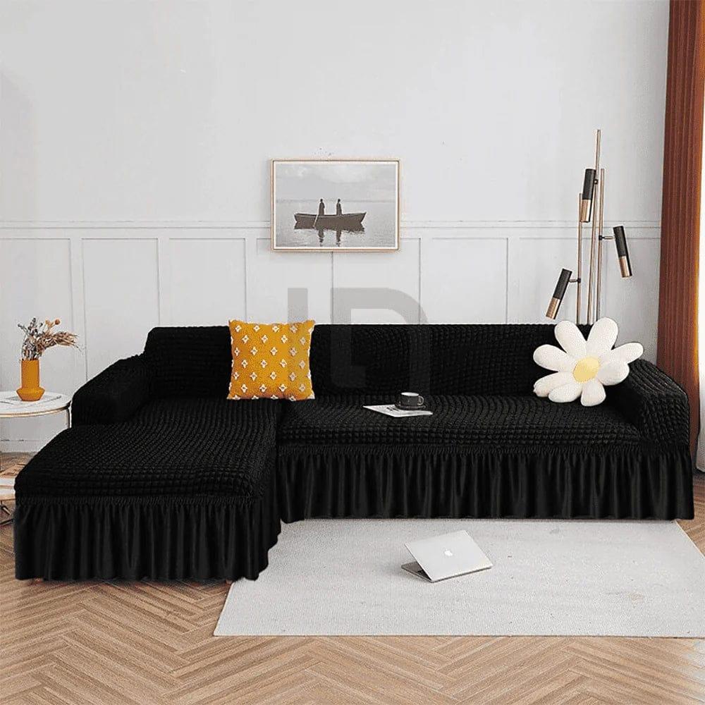 L-Shape Bubble Jacquard Sofa Cover featuring luxurious bubble texture, ruffle skirt hem, and 4-way stretch Lycra cotton blend for a snug, wrinkle-free fit. Machine washable, perfect for modern sofas.